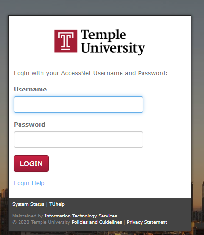 Temple logo next to "Temple University" instructions read "Login with AccessNet Username and Password". There are two edit fields, one for Username and the second for Password. Next is the submit button.