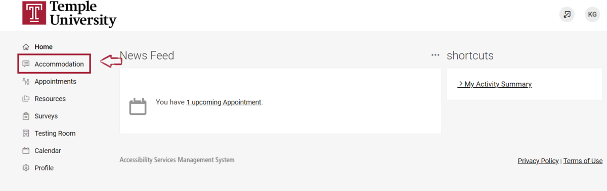 MyDRS Portal with accommodation link highlighted in red.