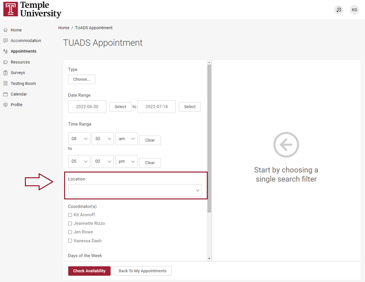 MyDRS portal appointment area with location drop down highlighted in red.