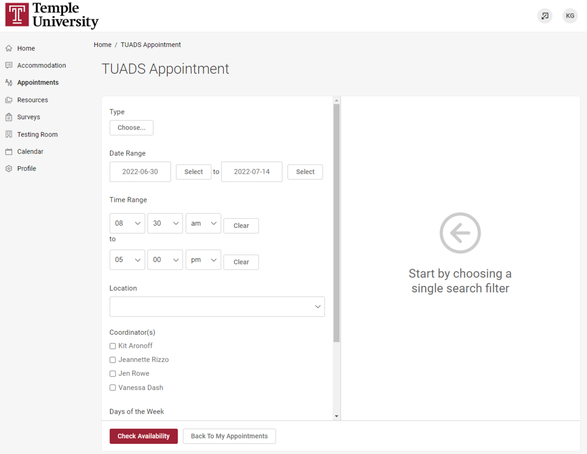 MyDRS portal appointment search field.