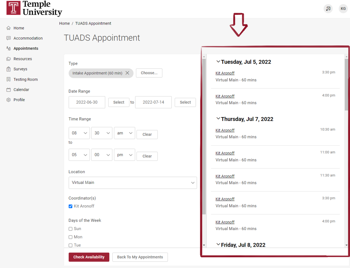 MyDRS Appointment area with the list of available appointments highlighted in red.