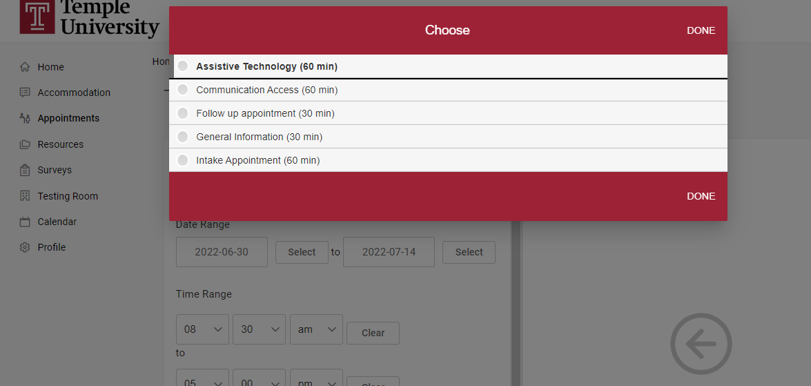 MyDRS dropdown of appointment types.