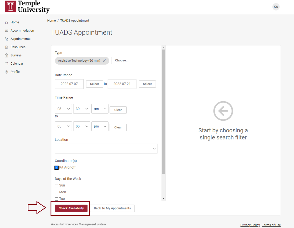 MyDRS appointments with "check availability" button highlighted in red.