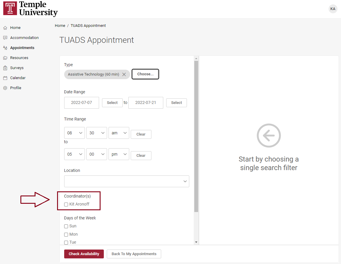 MyDRS Appointments portal with the coordinator selector highlighted in red.