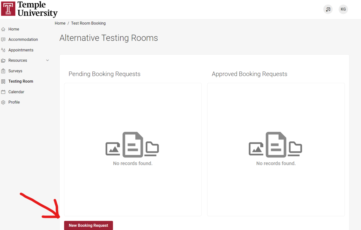 MyDRS student portal, main area shows testing room section