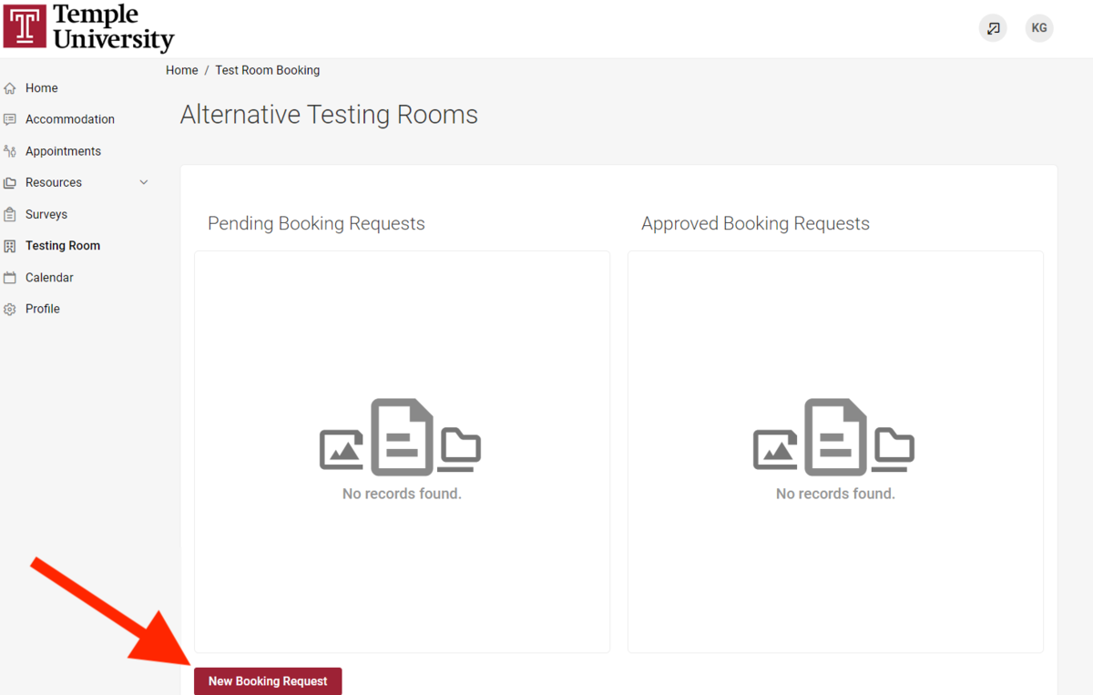 MyDRS student portal, main area shows testing room section