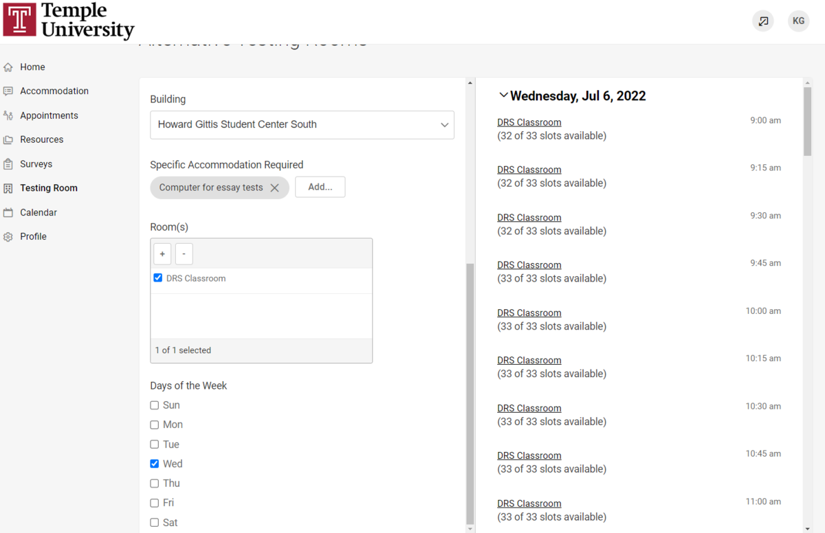 MyDRS test date options appearing to the right of the form field. 