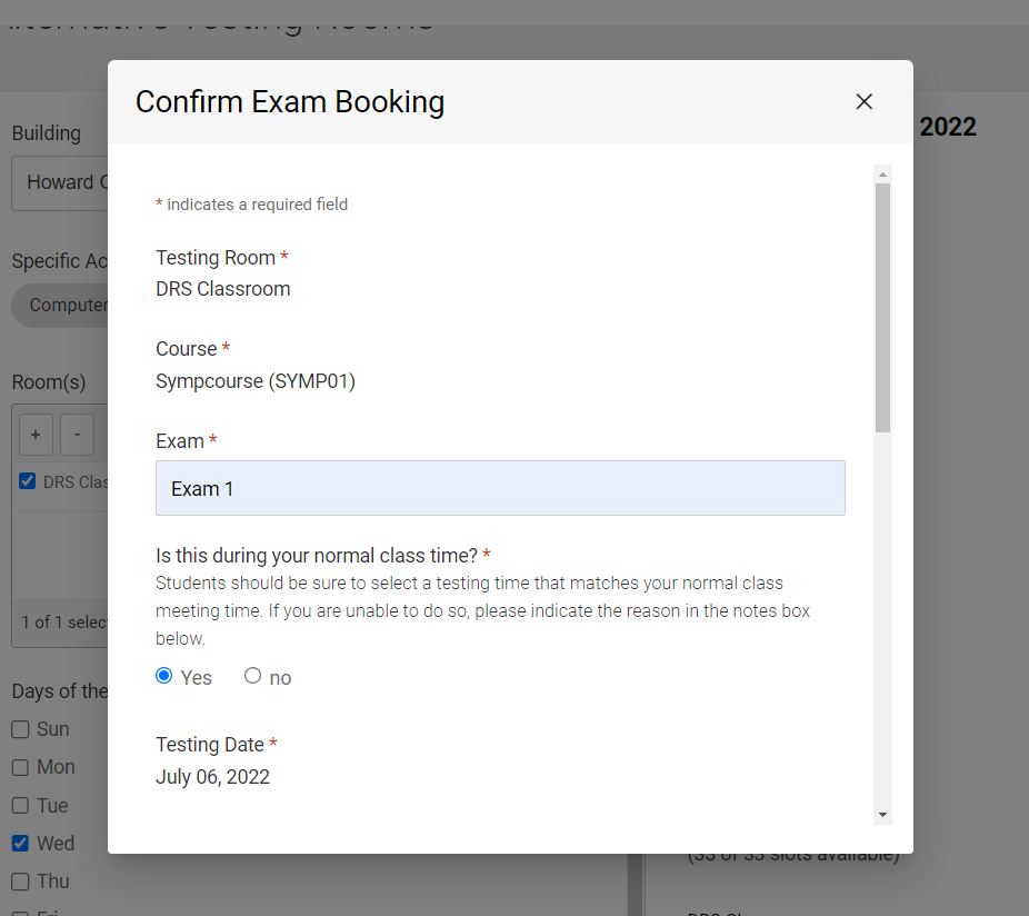 MyDRS confirm booking popup form field.  