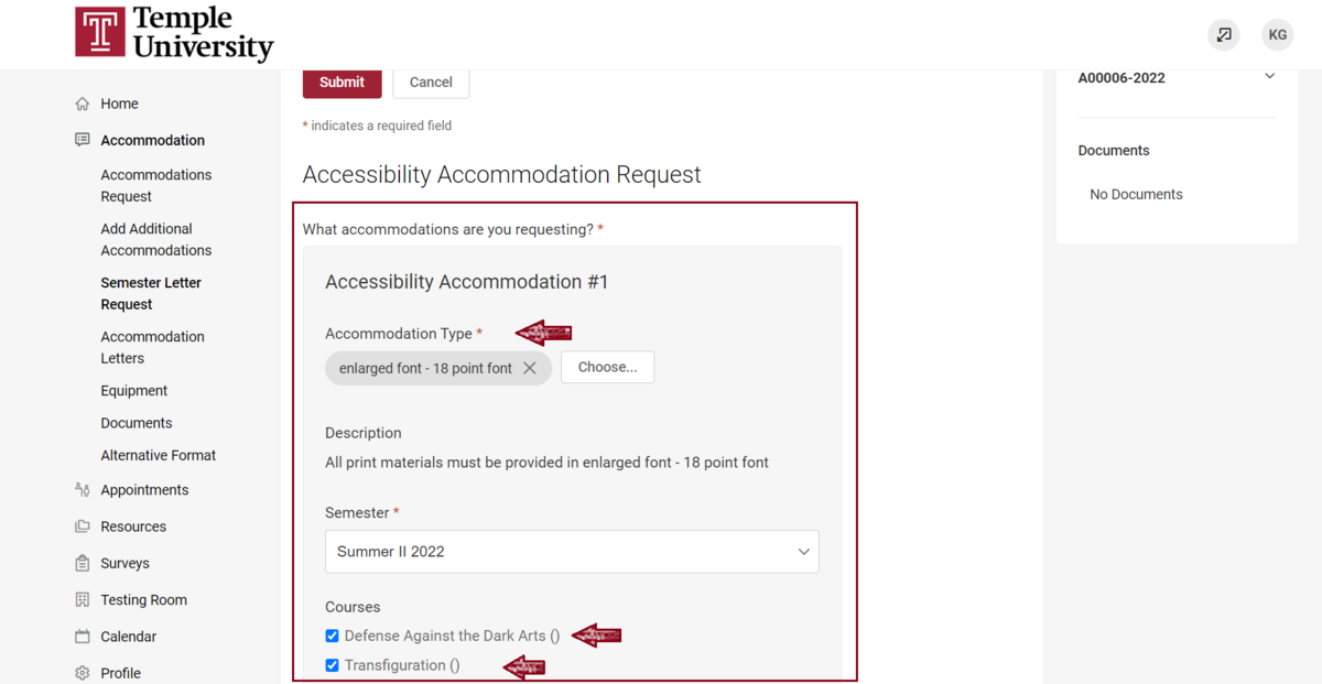 MyDRS Portal showing accommodations review.