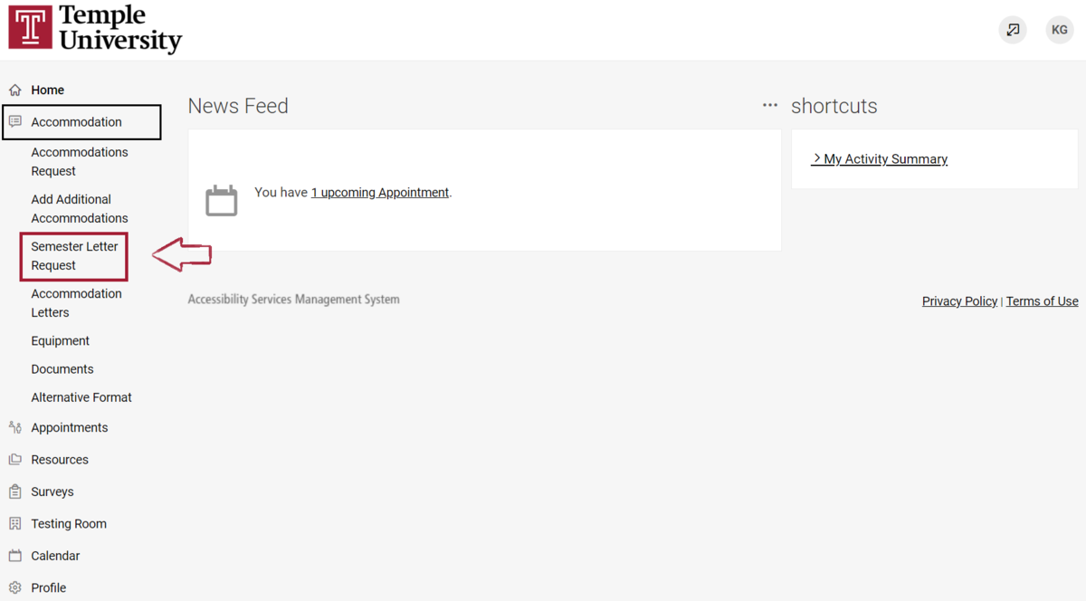 MyDRS portal with accommodations menu option open, Semester Letter Request is highlighted in red. 